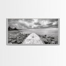 Surfboard, Rocky Shore, Cloudy Sea, Coastal Adventure, Beach Aesthetic, Canvas Print, Minimalist Ocean Art, Nautical Wall Decor, Bathroom Wall Art
