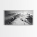 Snowy Peak, Windy Mountain, Winter Landscape, Framed Canvas Print, Black and White Art, Cabin Wall Decor, Moody Alpine Art, Rustic Wall Art