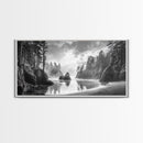 Forest Coast, Secluded Beach, Ocean Rocks, Misty Trees, Framed Canvas Print, Nature Wall Art, Living Room Decor, Moody Landscape