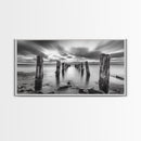 Ocean Pilings, Calm Waters, Cloud Streaks, Sunset Mood, Canvas Print, Minimalist Seascape, Bedroom Wall Art, Serene Beach Decor