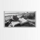 Open Book, Cowboy Hat, Driftwood Beach, Peaceful Shore, Canvas Print, Western Boho Art, Reading Nook Wall Decor, Fall Vibes, Office Wall Decor