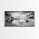 Mirror Lake, Rocky Terrain, Tranquil Waters, Framed Canvas Print, Meditation Room Art, Nature Reflection, Earthy Tones, Spa Decor