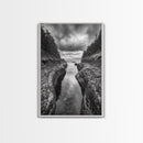 Rocky Waterway, Coastal Reflections, Dramatic Cloudscape, Ocean Nature Print, Framed Canvas Print, Bathroom Wall Art, Modern Rustic Style