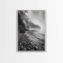 Foggy Coast, Moody Shore, Tranquil Pebbles, Forest Water, Framed Canvas Print, Bathroom Wall Art, Nature Photography Style, Calm Retreat Decor