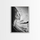 Ocean Wave Curl, Sea Barrel Art, Surf Power Print, Framed Canvas Print, Bathroom Wall Art, Modern Beach Decor, Black White Seascape