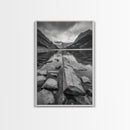 Mountain Lake Log, Alpine Serenity Scene, Tranquil Rock Shore, Canvas Print, Bedroom Wall Art, Nature Retreat, Minimalist Landscape
