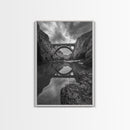 Stone Bridge, Reflections, River Archway, Nature Drama, Framed Canvas Print, Landscape Wall Art, Monochrome Photography, Entryway Art