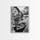 Coastal Village, Fishing Boats, Mediterranean Harbor, Seaside Charm, Framed Canvas Print, Nautical Kitchen Wall Art, Fall Decor Accent