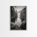 Misty Forest, River Reflection, Foggy Pines, Mountain Silence, Framed Canvas Print, Bedroom Wall Art, Tranquil Nature Photography, Zen Decor