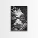 Serene River Reflection, Cave View, Monochrome Nature, Framed Canvas Print, Living Room Wall Art, Tranquil Landscape, Minimalist Decor