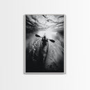 Kayaking Exploration, River Reflections, Adventure Sport, Framed Canvas Print, Office Wall Art, Moody Travel Photography, Nature Wall Decor