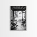 Rustic Porch View, Cabin Serenity, Lakefront Rocking Chairs, Framed Canvas Print, Farmhouse Wall Art, Living Room Decor, Fall Home Style