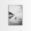 Lone Loon, Quiet Reflection, Coastal Bird, Framed Canvas Print, Nature Wall Art, Bathroom Decor, Serene Black and White Art