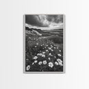 Meadow Bloom, Coastal Flowers, Stormy Sky, Framed Canvas Print, Spring Wall Art, Nature Photography, Kitchen Botanical Decor