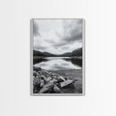 Misty Lake View, Peaceful Reflections, Nature Tranquility, Framed Canvas Print, Bedroom Wall Art, Black and White Landscape, Minimalist Art