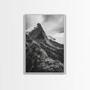 Lush Mountain Range, Cloud Covered Peaks, Jungle Tranquility, Framed Canvas Print, Entryway Wall Art, Black and White Nature, Boho Wall Art