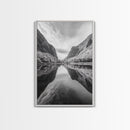 Fjord Reflection, Mountain Valley Calm, Mirror Lake, Canvas Print, Hallway Wall Art, Scandinavian Style Art, Black and White Minimalist