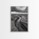 Winding Stream, Grassy Dunes, Ocean Horizon, Canvas Print, Kitchen Wall Art, Black and White Nature Scene, Coastal Rustic Decor