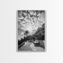 Mediterranean Villa, Palm Tree Art, Coastal Pathway, Framed Canvas Print, Living Room Decor, Summer Wall Art, Black and White Photography