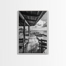 Seaside Café, Coastal Patio, Ocean View, Canvas Print, Rustic Kitchen Wall Art, Tropical Dining Decor, Travel Lifestyle Art