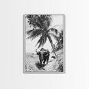 Tropical Bull, Palm Tree, Island Wildlife, Rural Photography, Framed Canvas Print, Kitchen Wall Art, Exotic Boho Decor, farmhouse decor