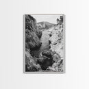 Mountain Gorge, Rugged Canyon, Flowing Stream, Wilderness Explorer, Framed Canvas Print, Cabin Wall Art, Adventurous Rustic Style