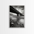 Stormy Bridge, River Rocks, Dramatic Sky, Modern Landscape, Framed Canvas Print, Moody Photography, Office Wall Art, Minimalist Decor