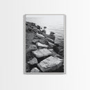 Shore Rocks, Sunlit Ocean, Rugged Texture, Minimal Horizon, Framed Canvas Print, Entryway Wall Art, Beach Decor, Neutral Tones