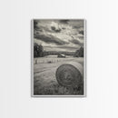 Autumn Hay Bale, Farm Field Scene, Country Landscape, Black and White Canvas Print, Rustic Kitchen or Fall Living Room Wall Art