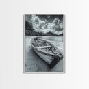 Abandoned Rowboat, Tropical Coastline, Vintage Travel Vibes, Black and White Canvas Print, Beach House or Coastal Living Wall Art