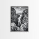 Ocean Cliff Pass, Rugged Coastal Rocks, Nature Power, Monochrome Framed Canvas Print, Moody Bathroom or Masculine Office Art