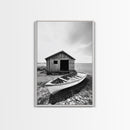 Shore Cabin, Rowboat Rest, Coastal Cabin, Serene Shoreline, Canvas Print, Lake House Wall Art, Rustic Decor, Living Room Seaside Art