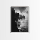 Stormy Cliffs, Ocean Fog, Monochrome Coast, Wild Nature Framed Canvas Print, moody wall art, rustic living room decor, dark aesthetic