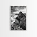 Mountain Peak, Coastal Horizon, Nature Majesty, Serene Edge Framed Canvas Print, modern landscape art, minimalist bedroom decor