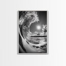 Wave Photography, Surfer Dream, Sea Curl Motion, Framed Canvas Print, Coastal Wall Art, Beach House Decor, Monochrome Ocean Style