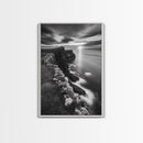 Rugged Sea Cliffs, Sunset Horizon, Serene Waters, Framed Canvas Print, Modern Nature Wall Art, Office Decor, Coastal Aesthetic