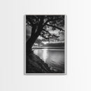 Tranquil Lake Sunset, Tree Silhouette, Calm Waters, Canvas Print, Nature Inspired Wall Art, Relaxing Bedroom Decor, Minimalist Zen