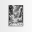 Ocean Splash, Cliff Waves, Nature Power, Dramatic Seascape, Framed Canvas Print, Living Room Statement, Black and White Wall Art