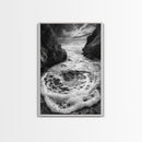 Sea Whirlpool, Dramatic Ocean, Coastal Rocks, Nature Motion, Framed Canvas Print, Bathroom Art, Modern Seaside Wall Decor