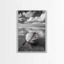 Washed buoy shore, coastal solitude, beach reflections, nautical simplicity, Framed Canvas Print, guest room art, seaside rustic wall decor