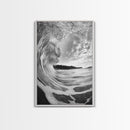 Ocean Wave Tunnel, Surfer's Eye View, Coastal Landscape, Bathroom Wall Art, Adventure Vibes, Framed Canvas Print, Black White Photography
