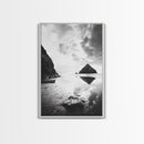 Remote beach reflection, lone hiker wanderlust, coastal rockscape, black white dreamscape, Framed Canvas Print, living room moody decor