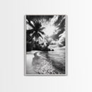 Tropical Sunset Beach, Palms and Waves, Cloudy Skies, Island Vibes, Framed Canvas Print, Coastal Wall Art, Beach House Decor