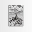 Half Underwater Tree, Split View Nature, Aquatic Roots, Stormy Skies, Framed Canvas Print, Coastal Wall Art, Unique Nature Photography