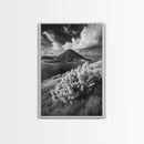 Majestic Volcano, Wild Grass, Black and White, Framed Canvas Print, Nature Photography, Office Decor, Moody Art, Rustic Wall Art