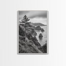 Oregon Coastline View, Misty Cliffs, Evergreen Forest, Coastal Vibes, Framed Canvas Print, Rustic Cabin Art, Living Room Wall Decor
