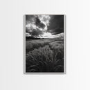 Golden Grass Field, Dramatic Sunset, Autumn Skies, Nature Movement, Framed Canvas Print, Fall Landscape Art, Living Room Decor