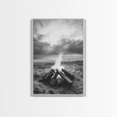 Beach bonfire moment, soft flame serenity, ocean dusk, coastal camp vibes, Framed Canvas Print, Fall decor, hygge inspired wall decor