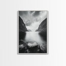 Mountain Lake, Nordic Fjord, Moody Water, Framed Canvas Print, Minimalist Wall Art, Serene Living Room Decor, Monochrome Nature Scene
