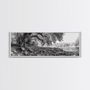 River Tree Roots, Tranquil Forest Landscape, Nature Wall Decor, Framed Canvas Print, Living Room Art, Black and White Earthy Style